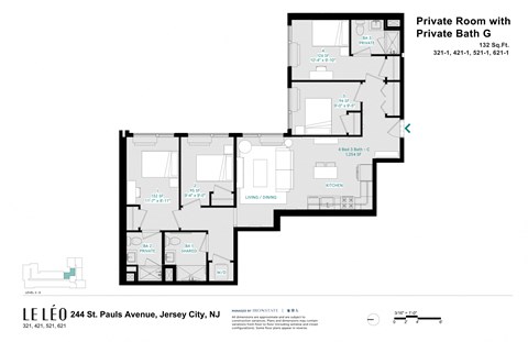 A floor plan of a private room with a private bath.